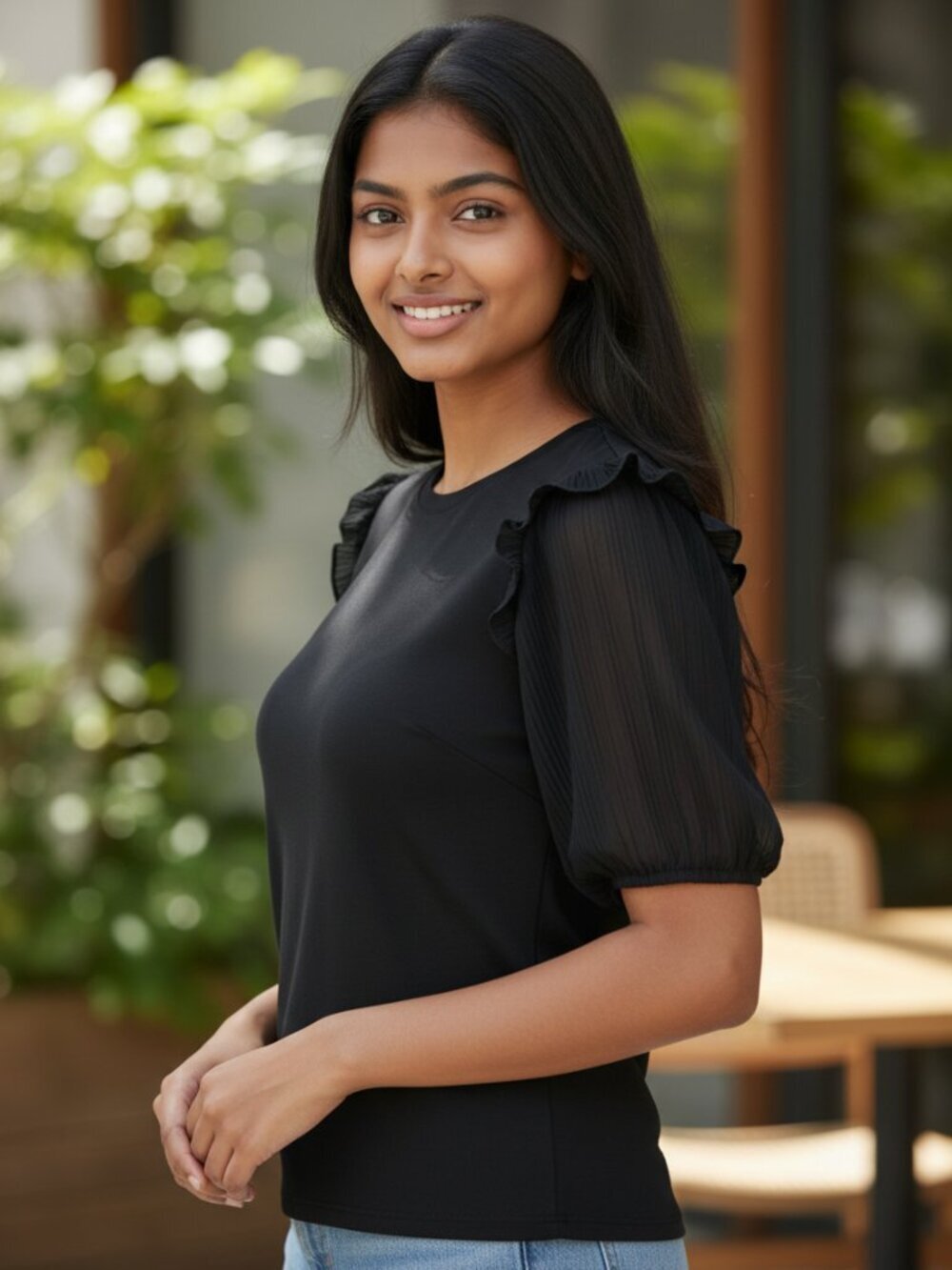 Simply Vera Wang Black Pleated Sleeve Blouse